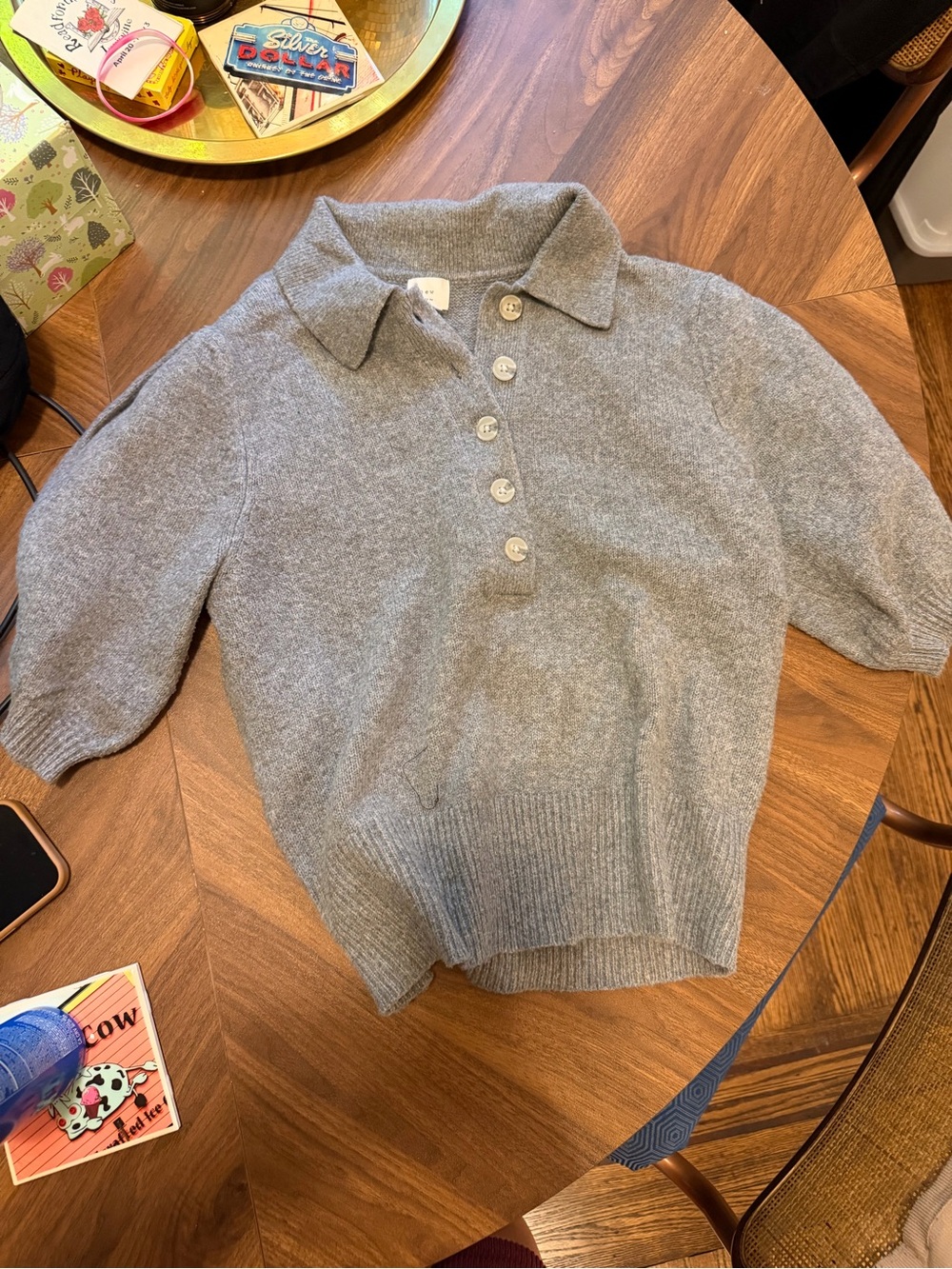 Short Sleeve Collared Gray Button Sweater Top